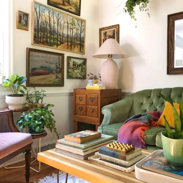 Vintage maximalist decor with green tufted sofa, eclectic gallery wall, indoor plants, and layered coffee table styling.
