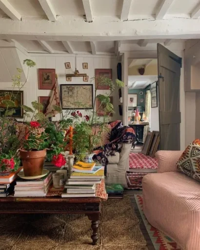 Vintage Italian decor meets English country style living room with floral fabrics, rustic wood furniture, and soft daylight.