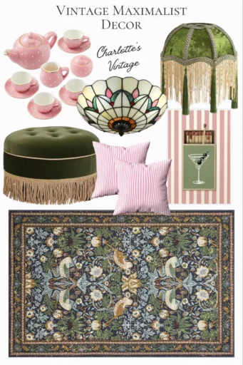An infographic titled “Vintage Maximalist Decor”, featuring a vintage area rug, pink polka dot tea set, fringed lampshade, green velvet ottoman, Tiffany-style lamp, Martini matchbox poster, and a set of two pink and white striped pillowcases.
