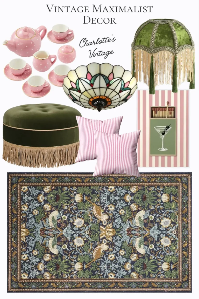 An infographic titled “Vintage Maximalist Decor”, featuring a vintage area rug, pink polka dot tea set, fringed lampshade, green velvet ottoman, Tiffany-style lamp, Martini matchbox poster, and a set of two pink and white striped pillowcases.