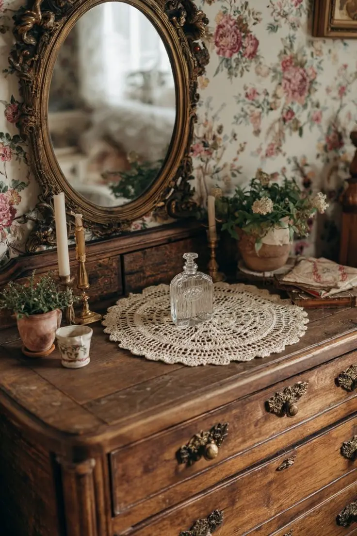 An antique wooden dresser with an ornate oval mirror and some vintage decorations and a floral wallpaper.