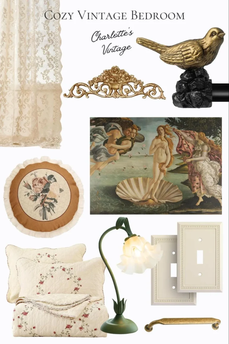 An infographic that includes vintage-style lace curtains, an ornate door topper, a bird curtain rod, floral pillow covers, a Birth of Venus canvas print, an embroidered bedspread set, a floral table lamp, light switch plates, and brass cabinet handles.