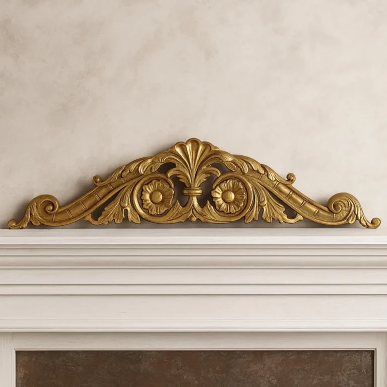 An ornate gilded door topper placed above a white door frame.