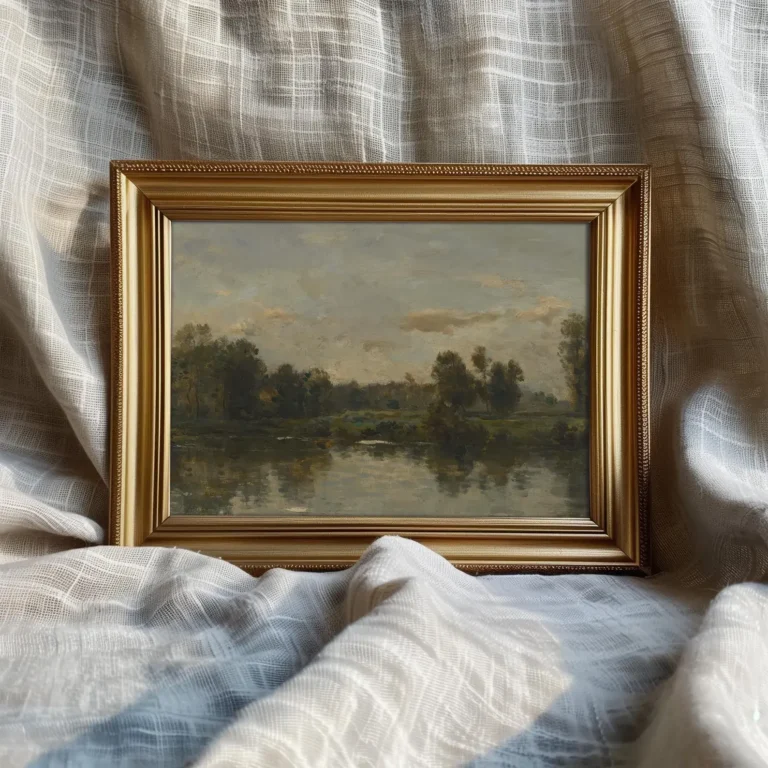A pastoral scene painting in a gilded vintage frame on a rustic piece of cloth.