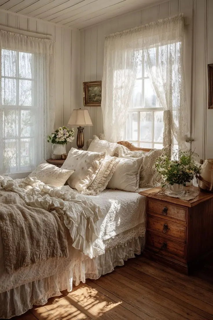 A romantic vintage bedroom with a wooden floor, delicate beige and cream colored bedding, soft white lace curtains, two windows, white wooden walls, and a wooden nightstand.