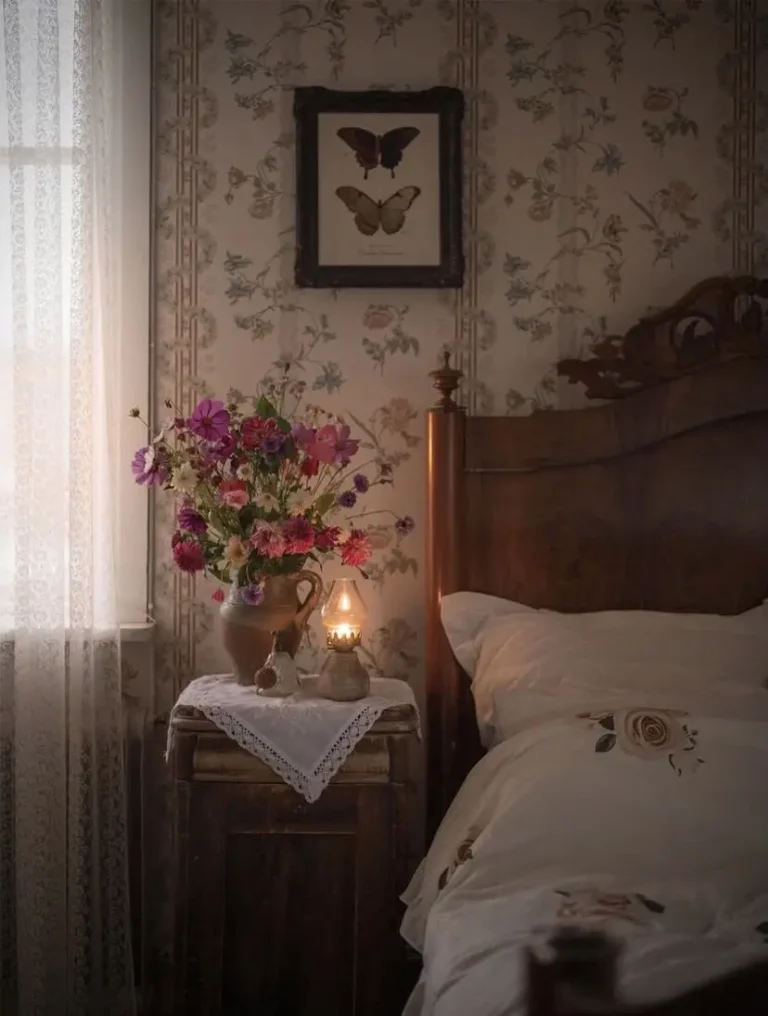 A vintage cottage bedroom with a romantic floral wallpaper, bouquet of pink flowers, and soft lighting coming from an oil lamp.