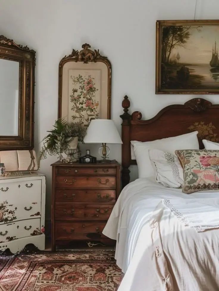 A vintage-style bedroom with a wooden dresser, antique artwork, patterned rug, and an ornate bed with ecru bedding.