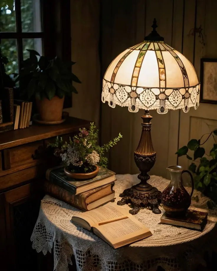 Tiffany glass table lamp on a vintage side table with lace runner, stacked books, and warm cozy lighting.