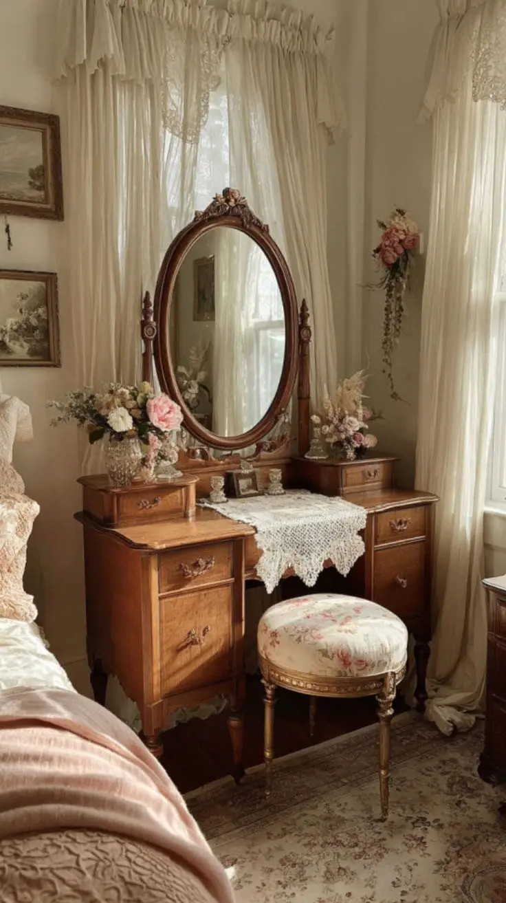 Cozy vintage bedroom vanity with antique wooden dressing table, oval mirror, and sheer curtains.